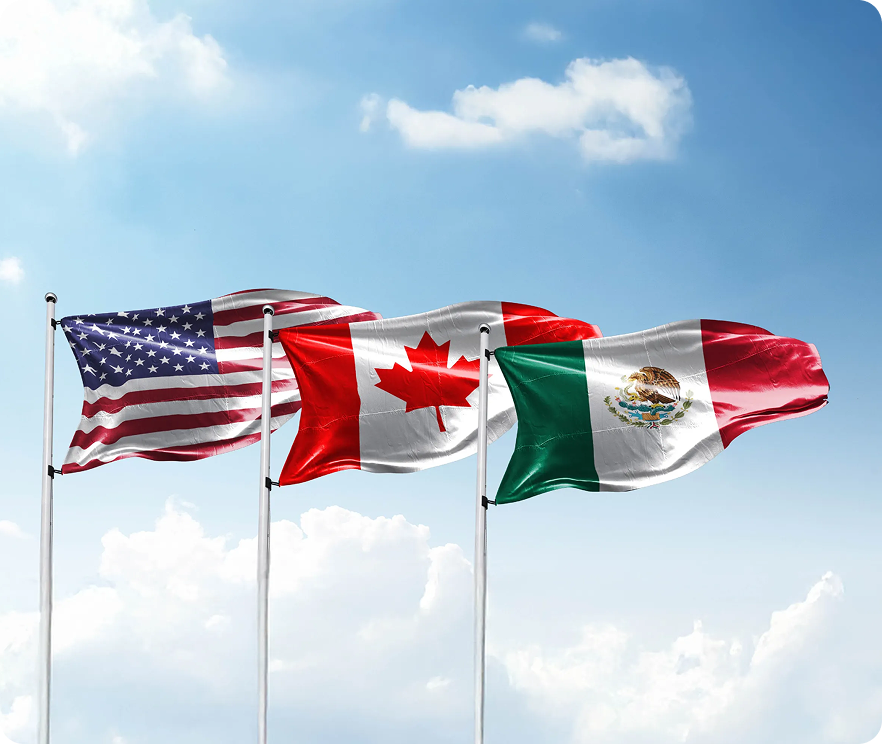 three flags in the air; Canada, USA Mexico